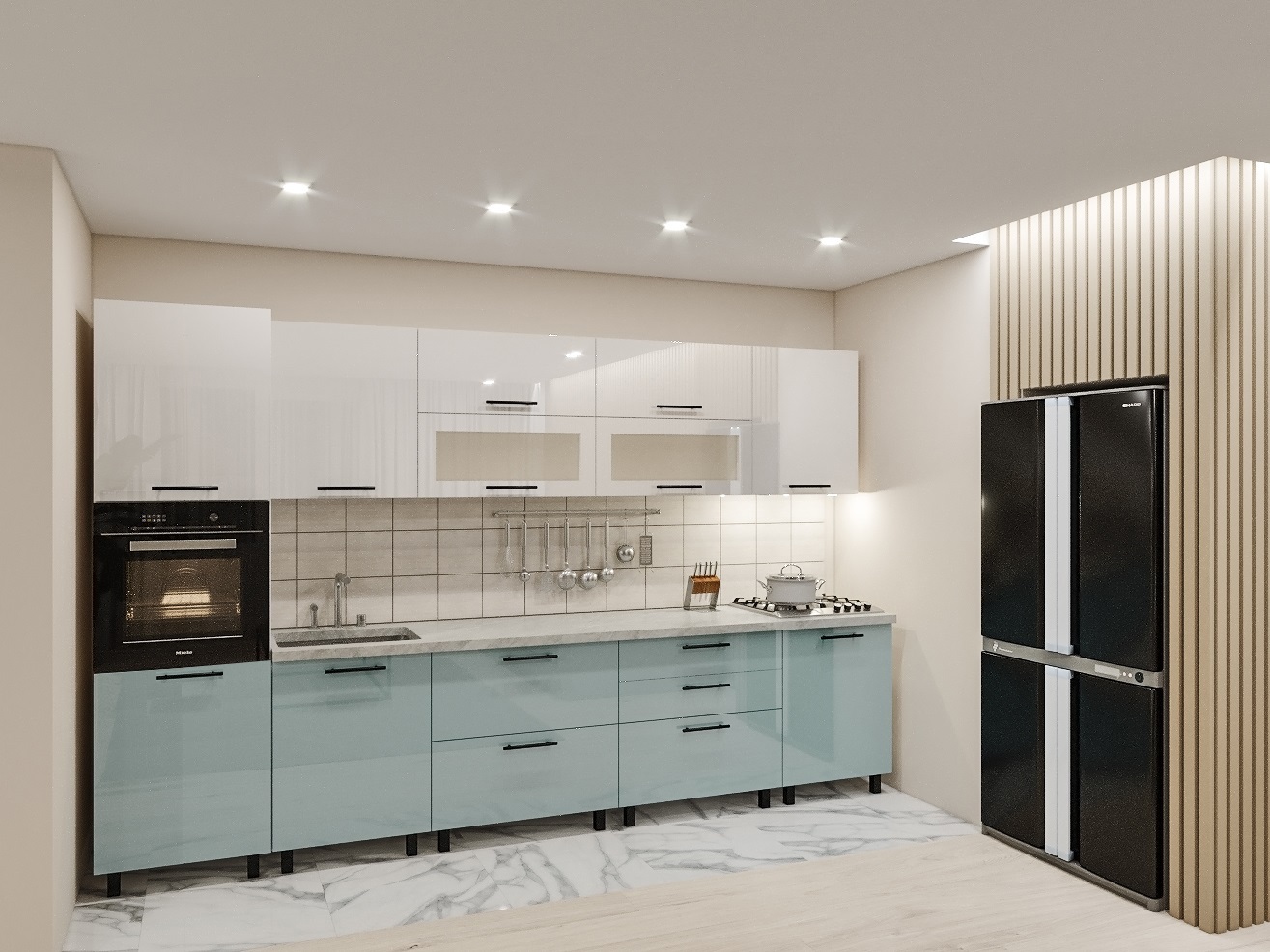 Bucatarie „Rondo” 3,4m cu fatade din panouri MDF lucioase (High Gloss)